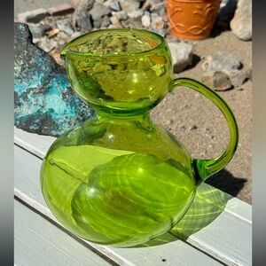Rare Vintage Greenwich Flint Craft Double Bubble Glass Pitcher w/Handle 9 1/2”